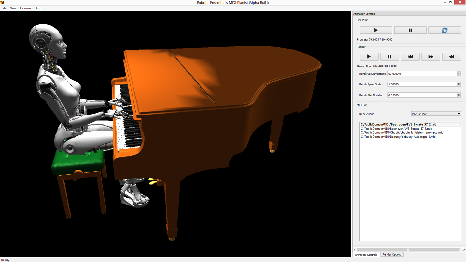 Typical appearance of the application when animating a MIDI file. The user drags and drops MIDI files into the playlist and then double clicks on one to begin animation. The user can right mouse drag inside the render window or use the W,A,S,D,Q,E keys to move the camera.