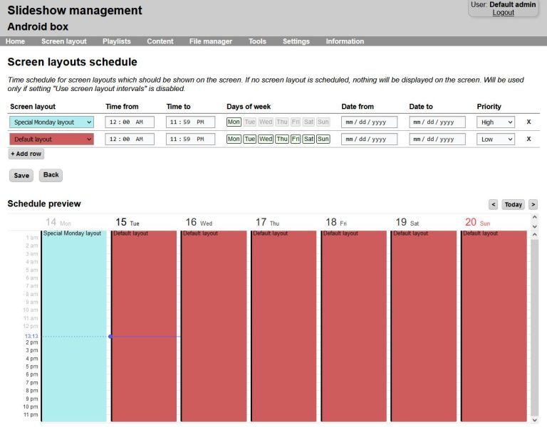 Page for editing screen layouts schedule